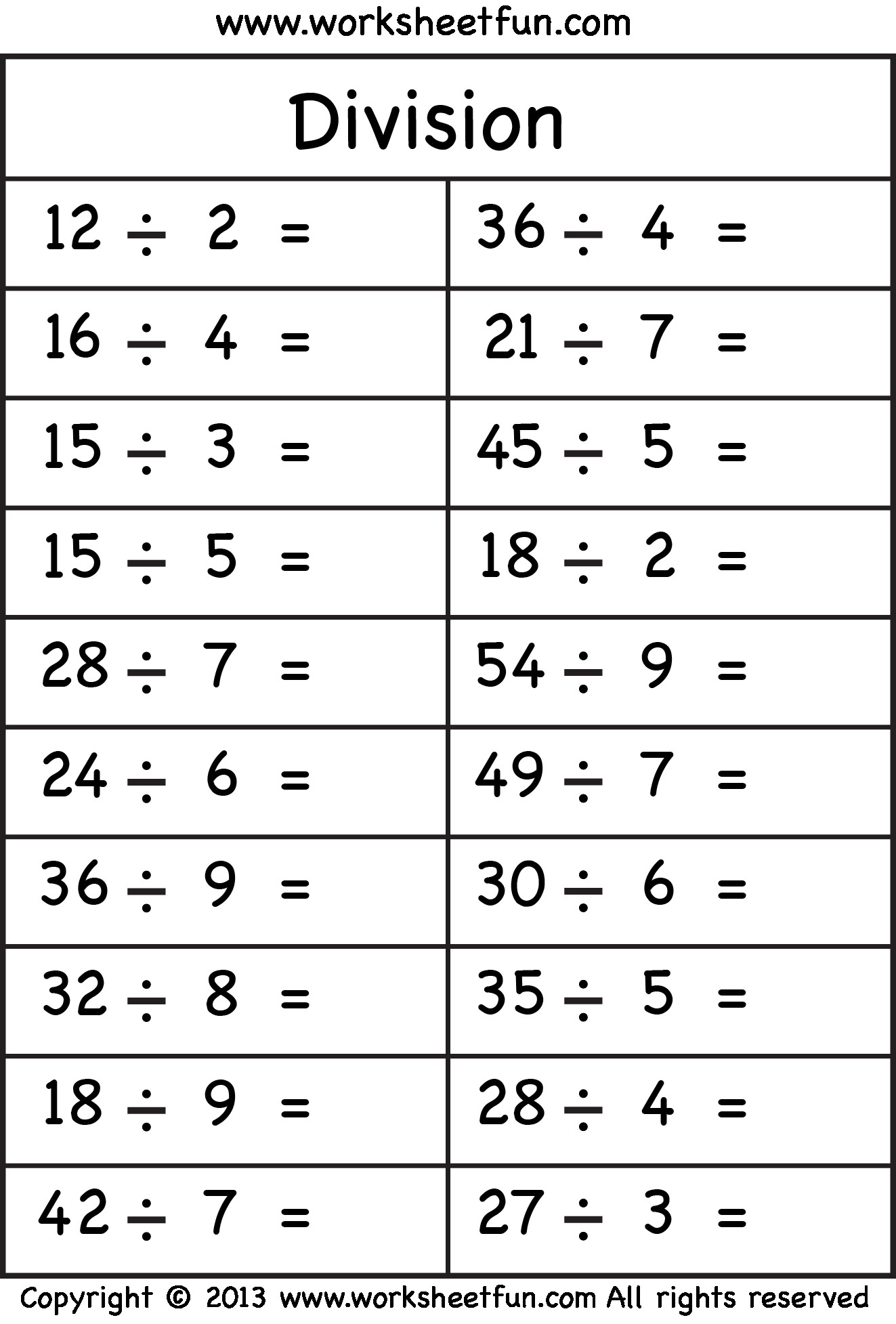 5 Free Math Worksheets Third Grade 3 Division Division Facts 1 To 10 AMP