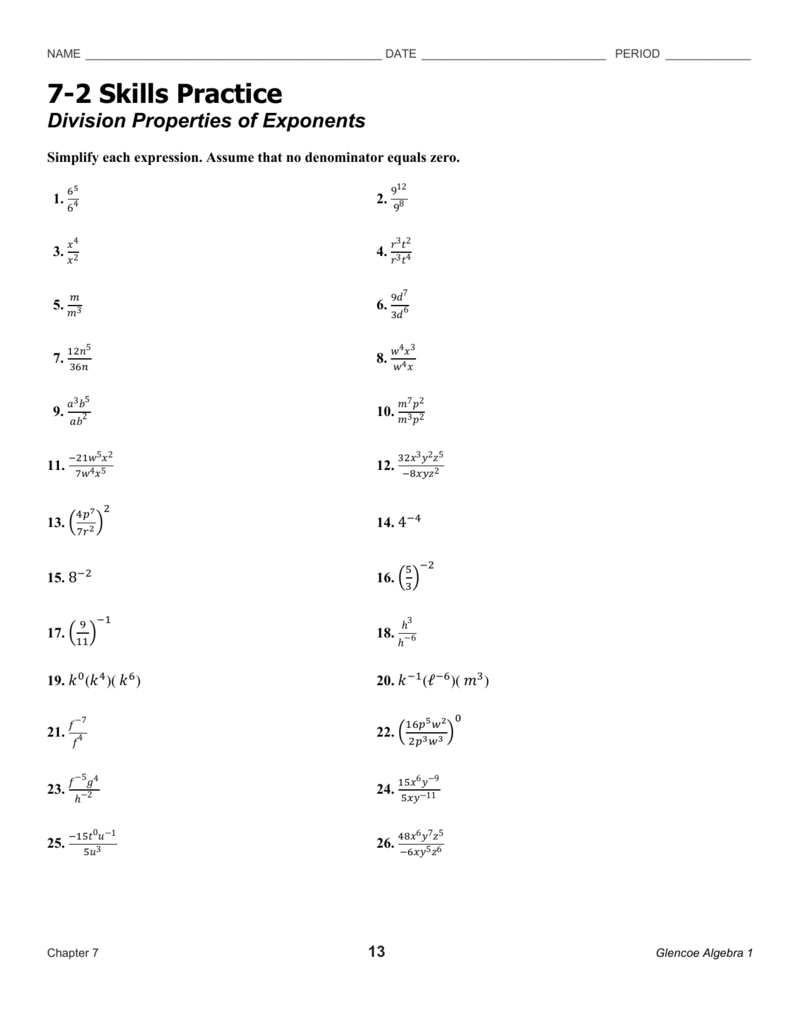 7 2 Practice Division Properties Of Exponents Answers Gregory