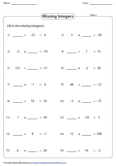 7th Grade Multiplying And Dividing Integers Worksheet With Answer Key 