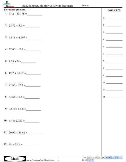 Decimal Addition Subtraction Multiplication And Division Worksheets