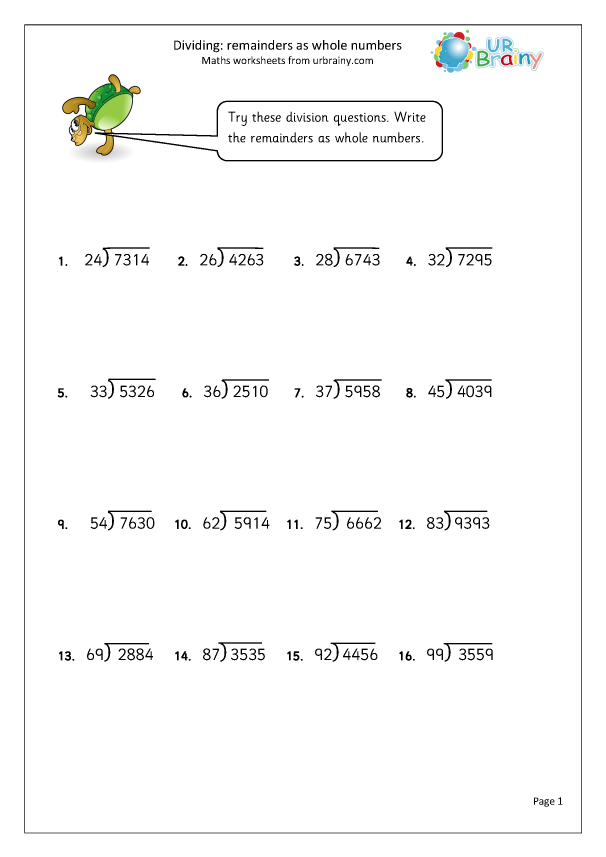 Divide 4 digit Numbers With Whole Number Remainders Division By 
