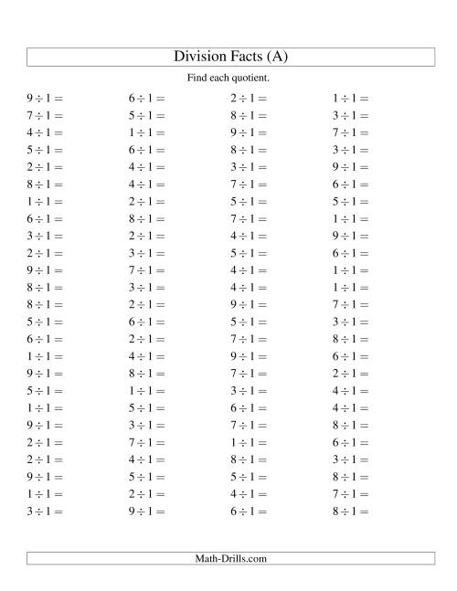 Dividing By 1 With Quotients From 1 To 9 A 