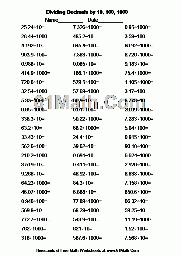 Dividing Decimals By 10 100 1000 Create Your Own Math Worksheets