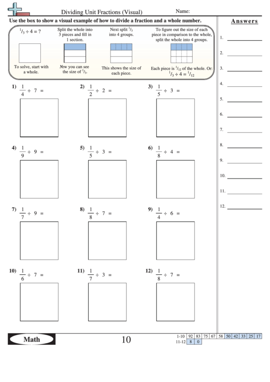 Dividing Unit Fractions Visual Worksheet With Answer Key Printable