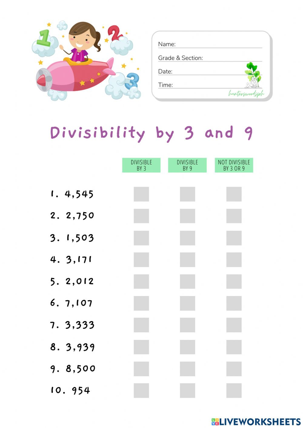 Divisibility By 3 And 9 HuntersWoodsPH Math Worksheet