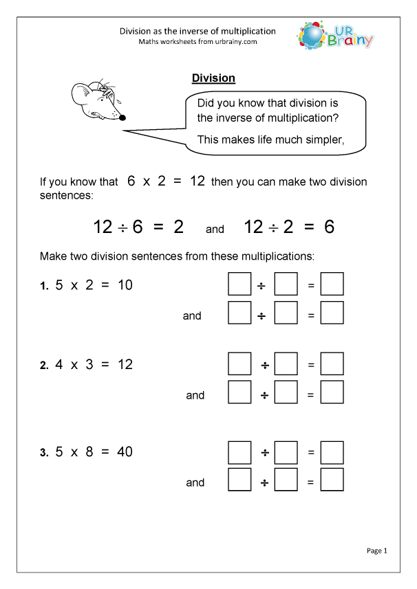 Division Inverse Of Multiplication Division Maths Worksheets For 