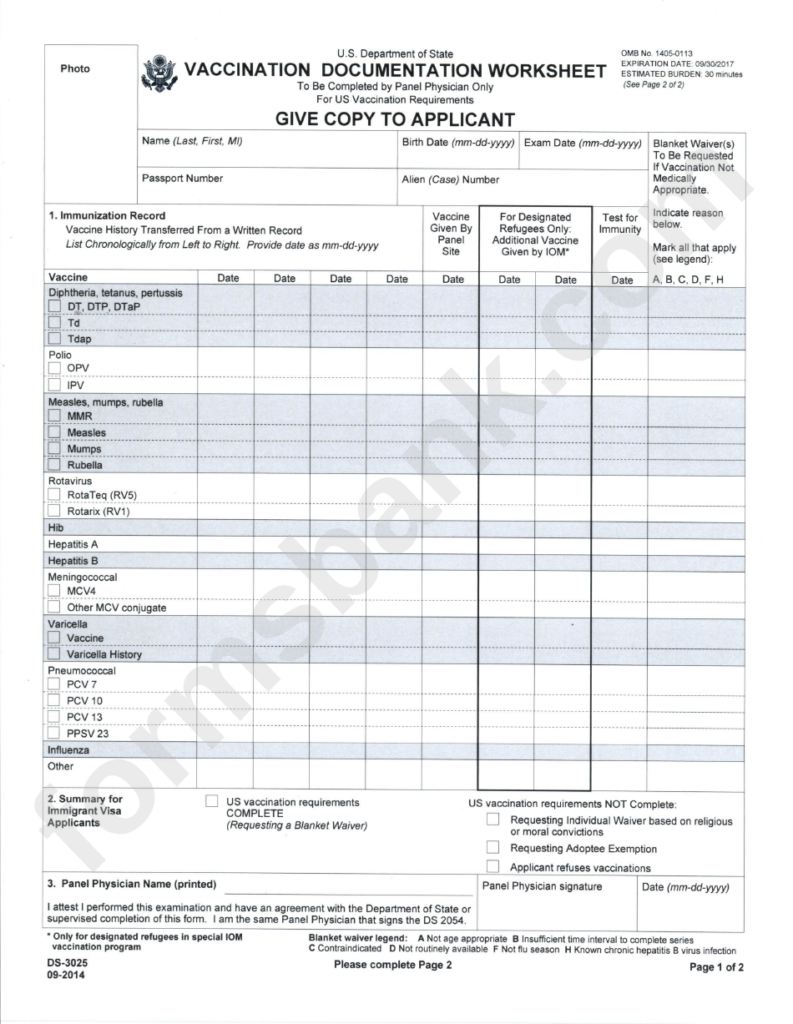 Form Ds 3025 Vaccination Documentation Worksheet U s Department Of 
