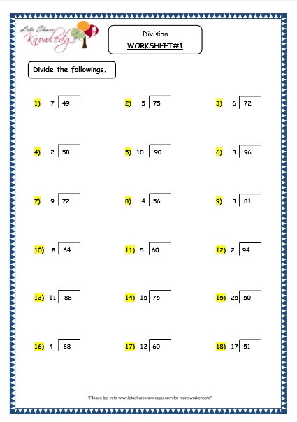 Fourth Grade Division Problems Worksheets 4 Long With No Remainders