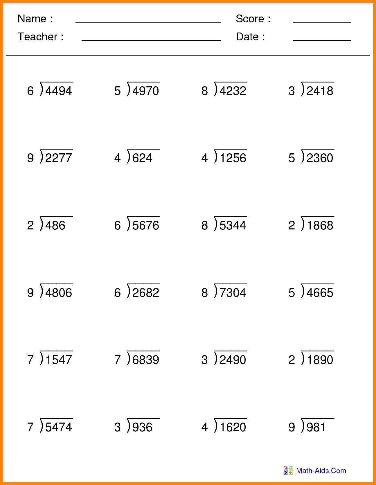 3 digit division for class 5 worksheets