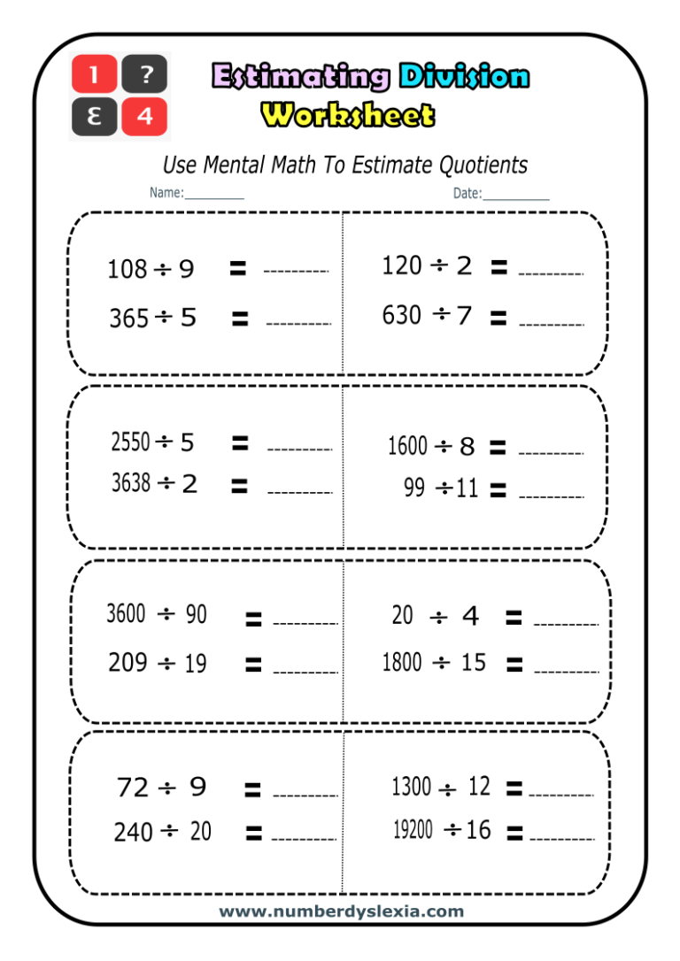 Free Printable Estimating Division Worksheets PDF Number Dyslexia