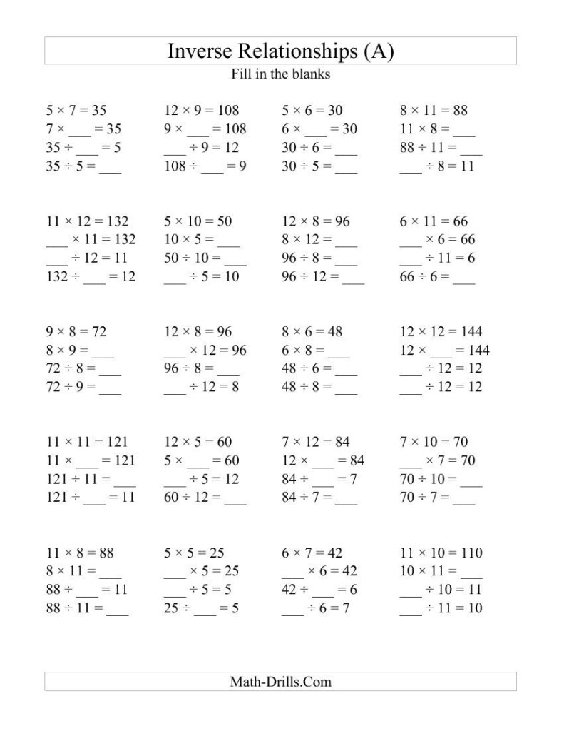 Inverse Relationships Multiplication And Division 5 12 Division 