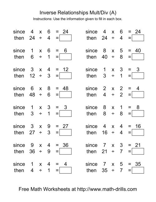 Inverse Relationships Multiplication And Division Range 1 To 9 A