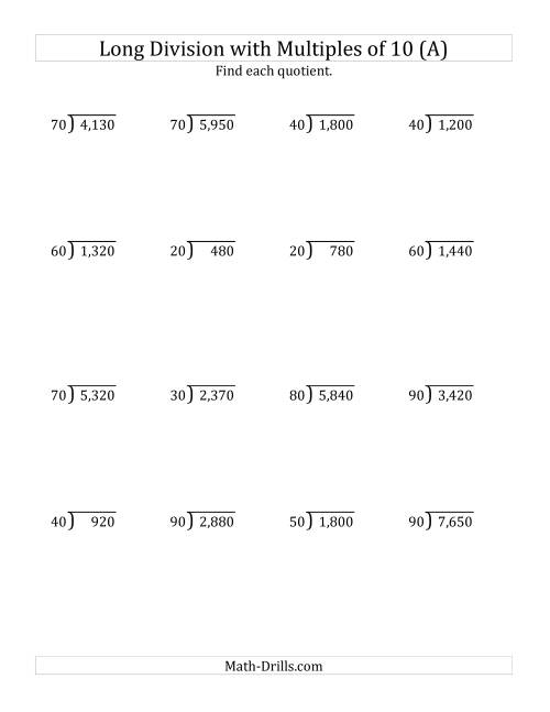 Long Division By Multiples Of 10 With No Remainders A 