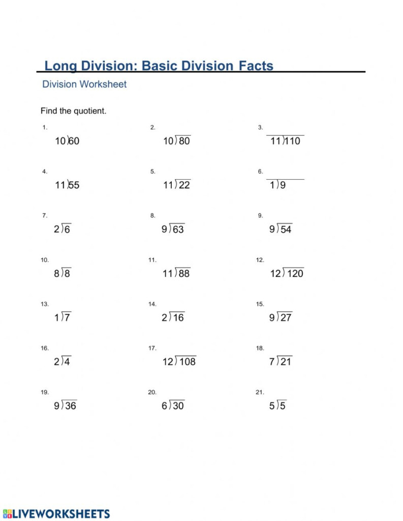 MA2 Monday Long Division Basic Division Facts Worksheet