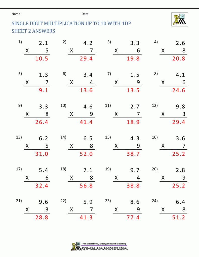 Multiplication And Division Of Decimals Worksheets With Answers 