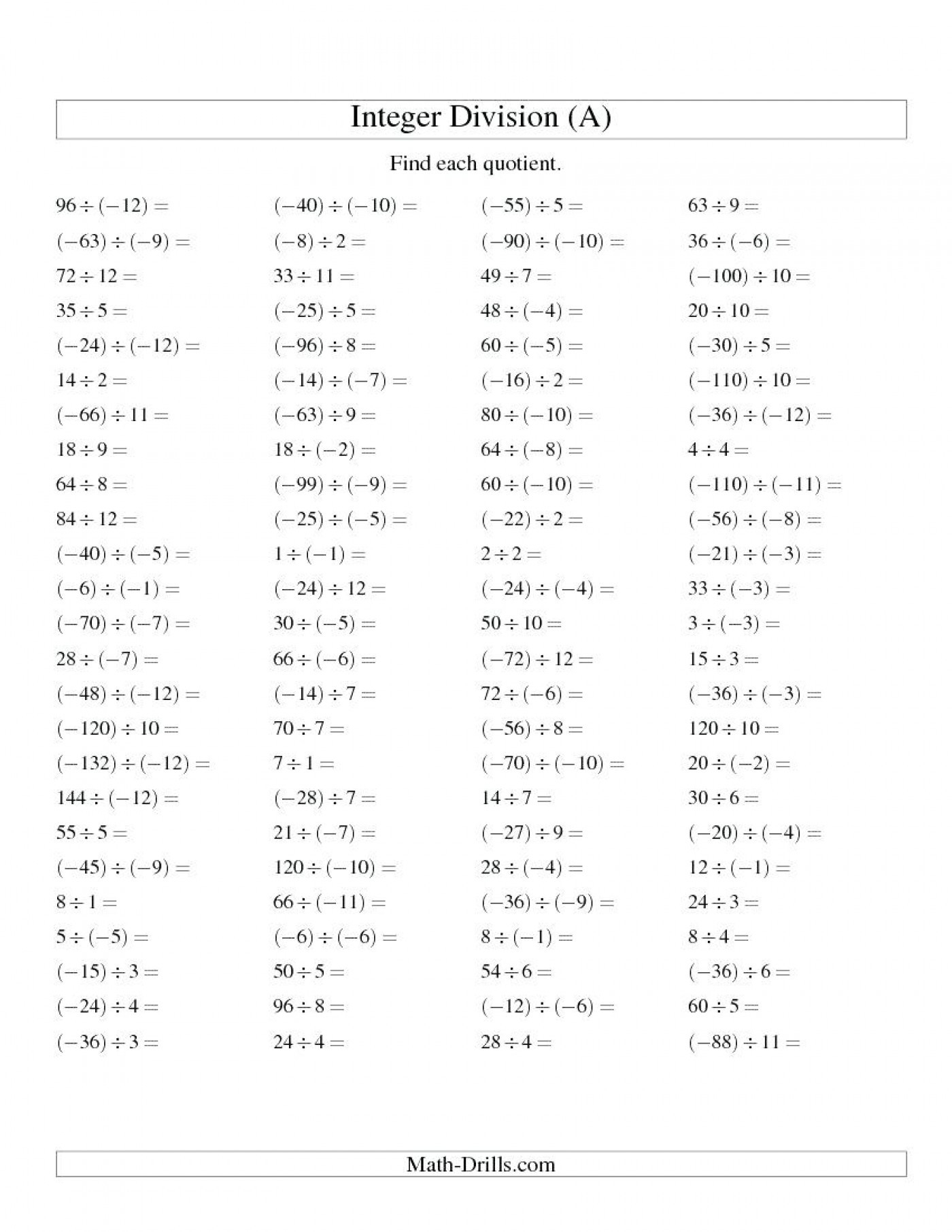 Multiplying And Dividing Integers Worksheet 7Th Grade Db excel