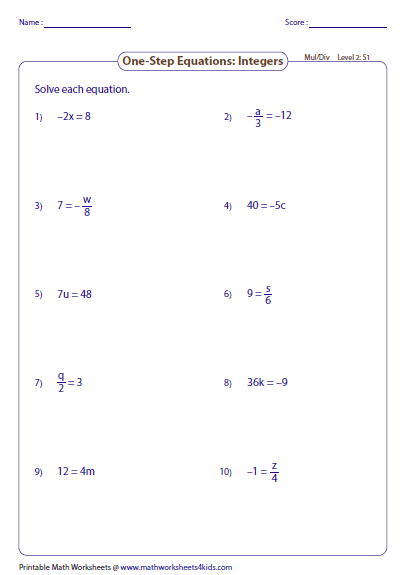 One Step Equation Multiplication And Division