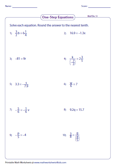 One Step Equation Multiplication And Division