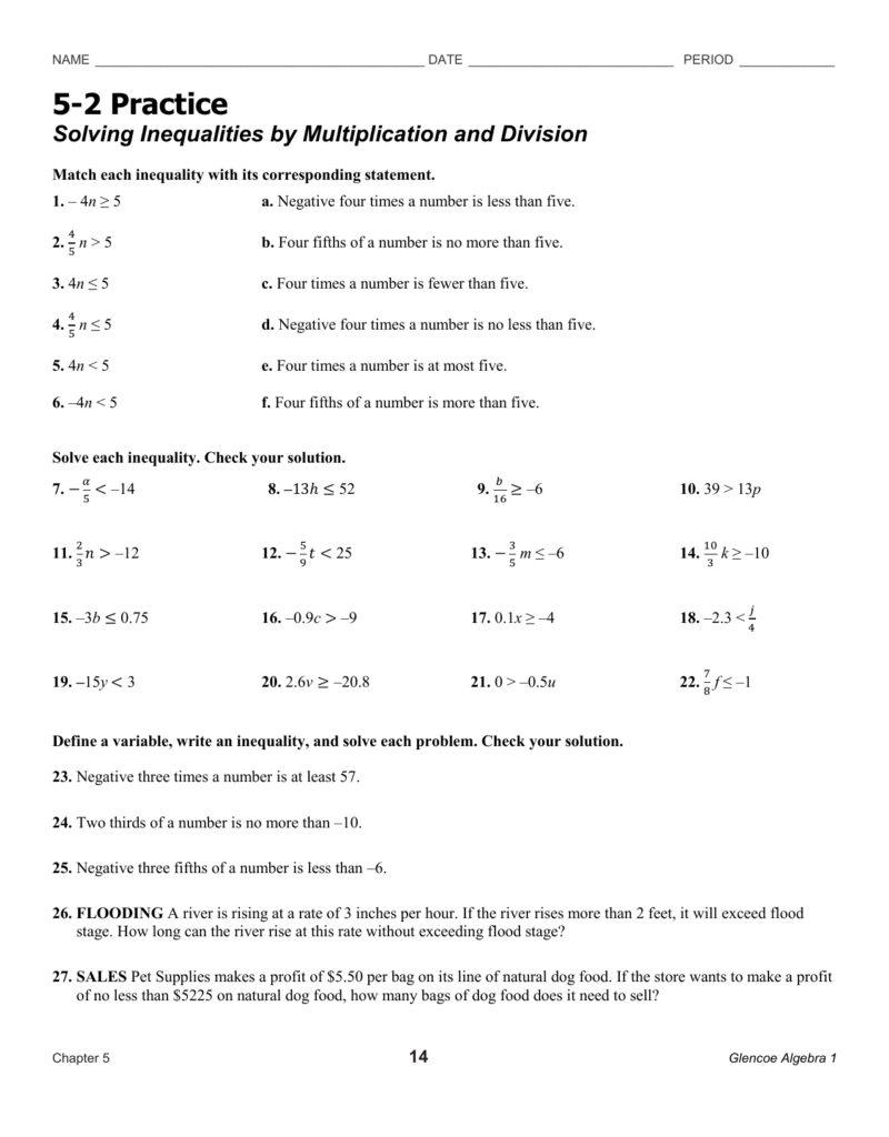 Practice Worksheet Solving Inequalities By Multiplication And Division