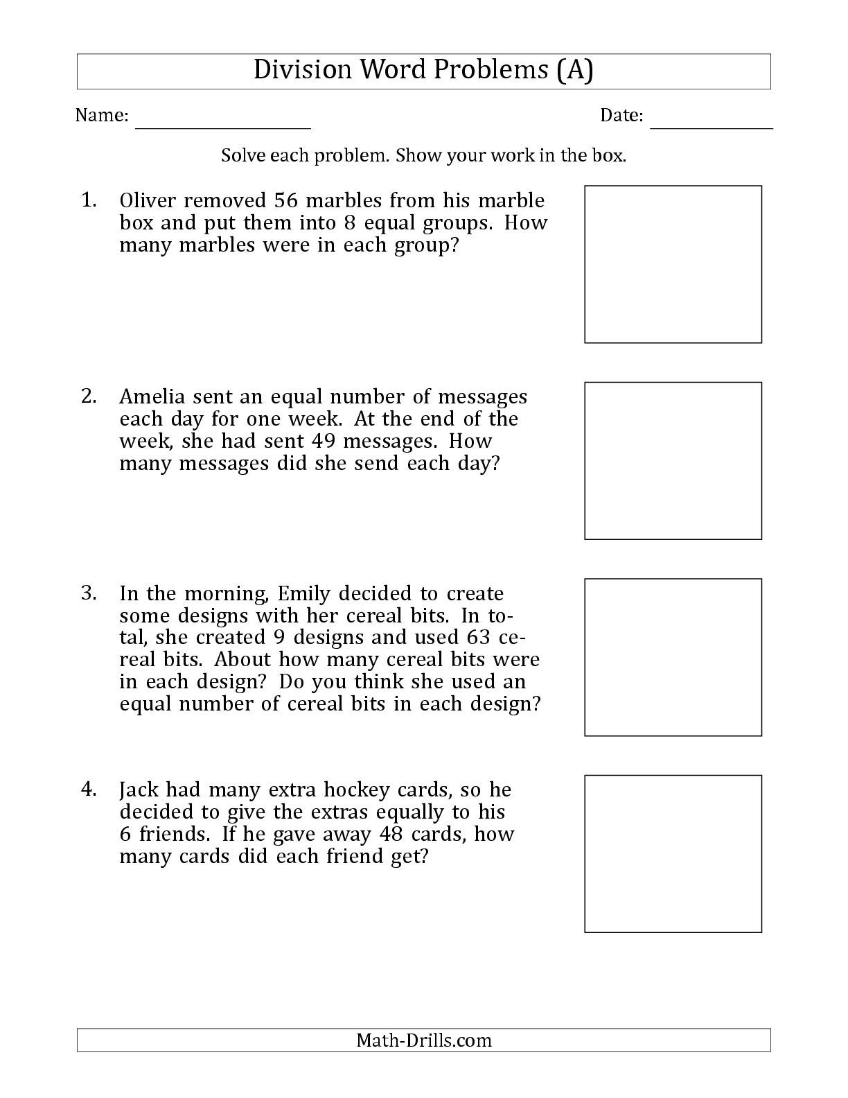 Printable 3rd Grade Math Worksheets Division Word Problems Learning 