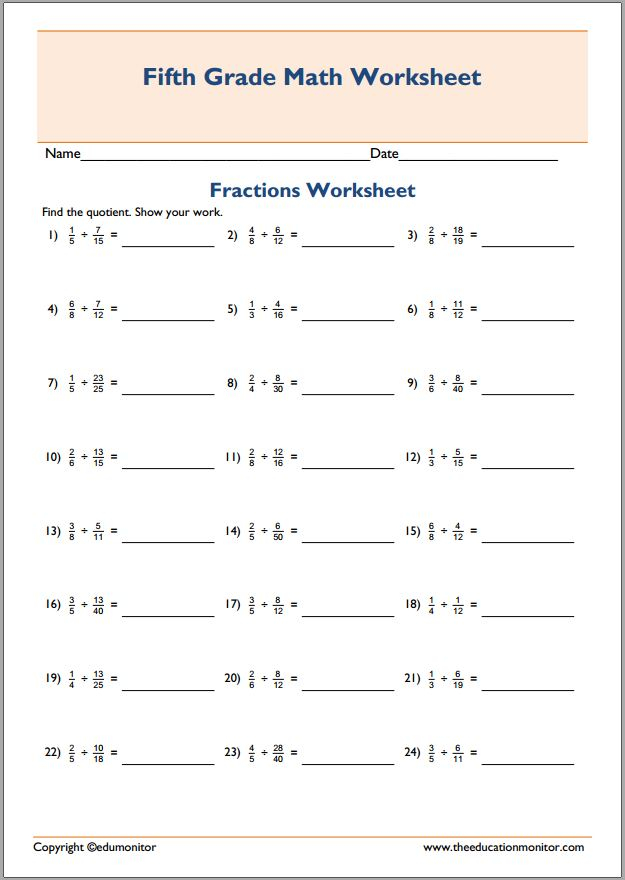 Printable Fractions Division Worksheets