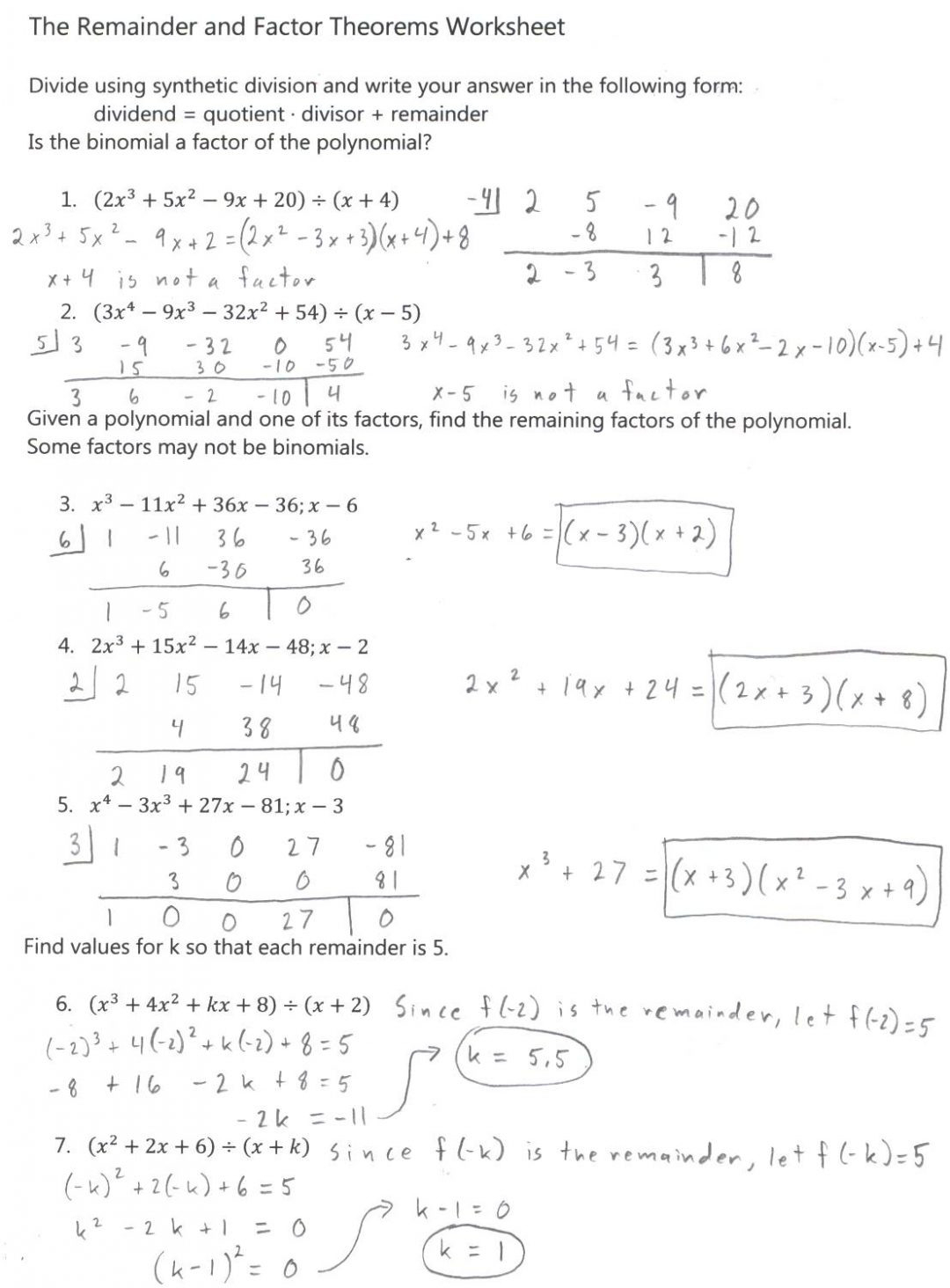 Synthetic Division Pdf Worksheet - Divisonworksheets.com