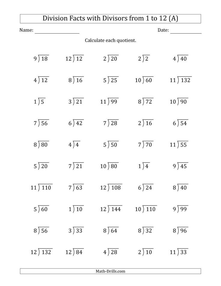 The Division Facts With Divisors And Quotients From 1 To 12 With Long 