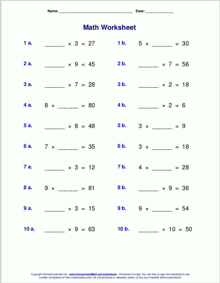 Worksheets For Basic Division Facts grades 3 4 Multiplication And 