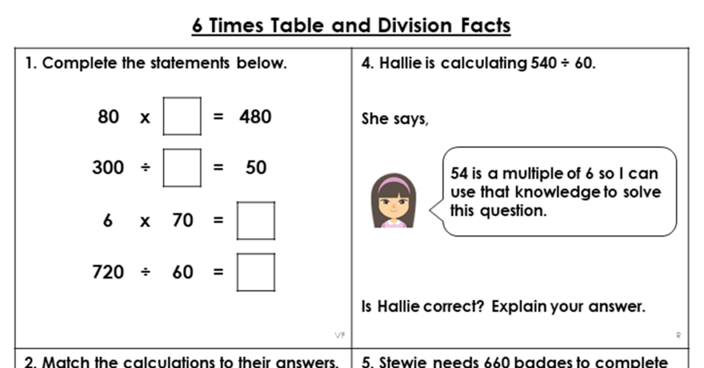 Year 4 6 Times Table And Division Facts Lesson Classroom Secrets 