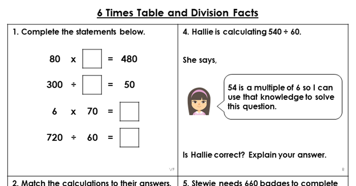 Year 4 6 Times Table And Division Facts Lesson Classroom Secrets