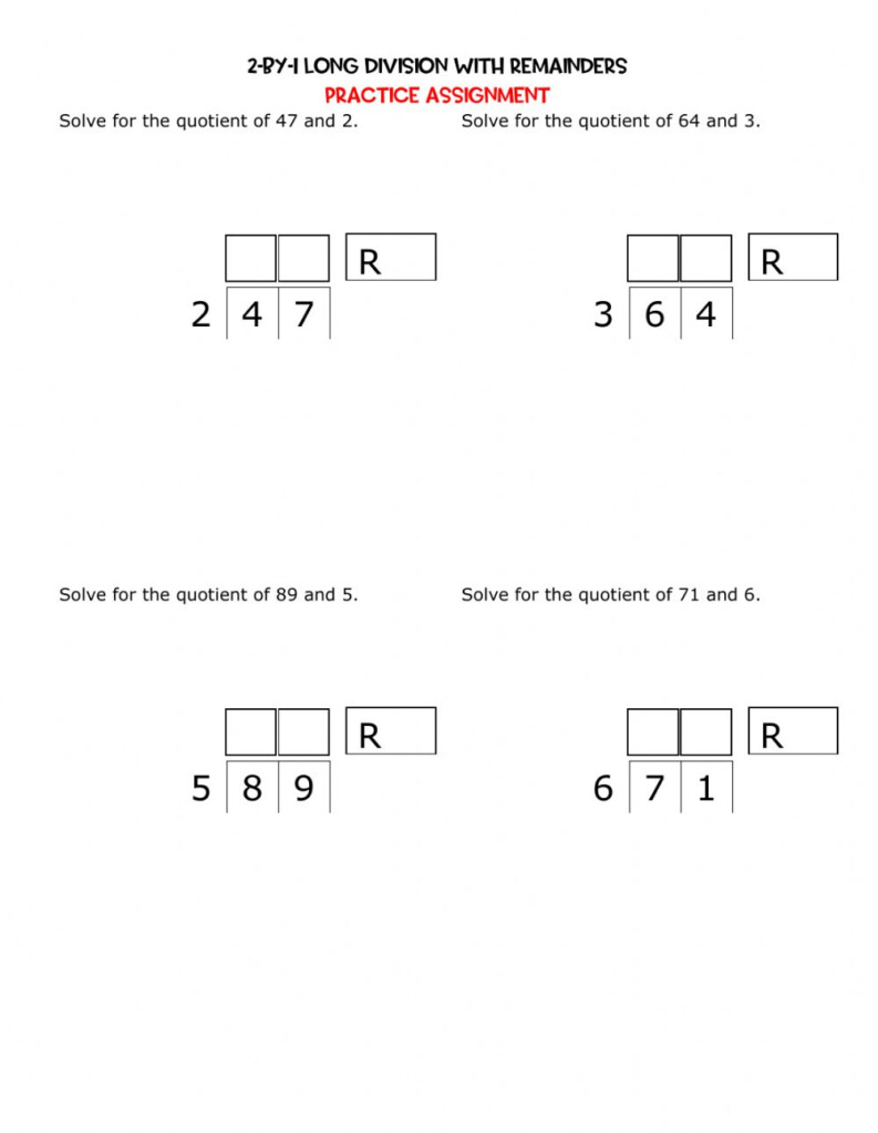2 by 1 Division With Remainders Worksheet