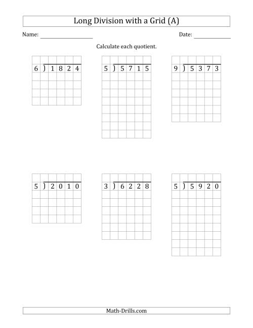 4 Digit By 1 Digit Long Division With Grid Assistance And NO Remainders 