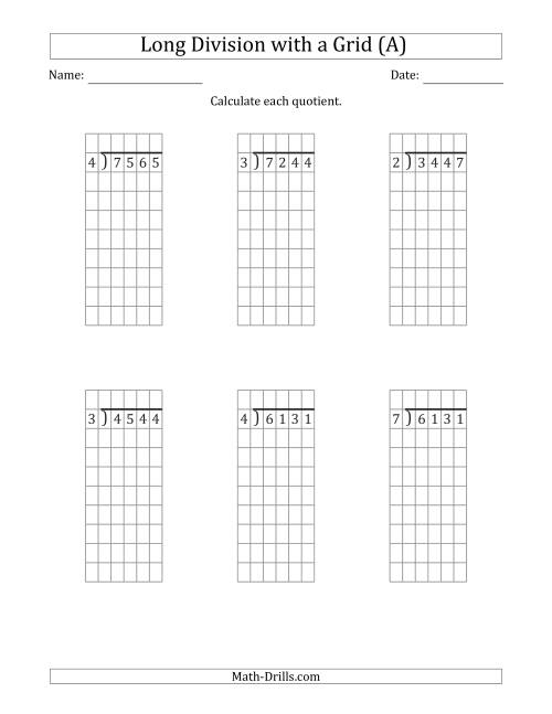 4 Digit By 1 Digit Long Division With Remainders With Grid Assistance A 