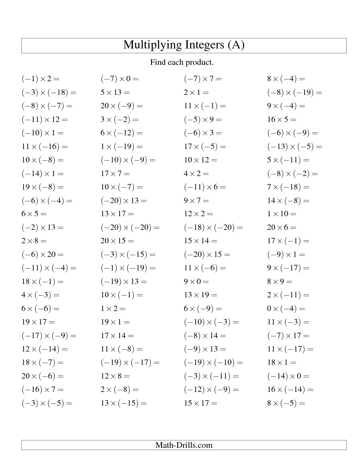 Add Subtract Multiply And Divide Integers Worksheet The Best Free 