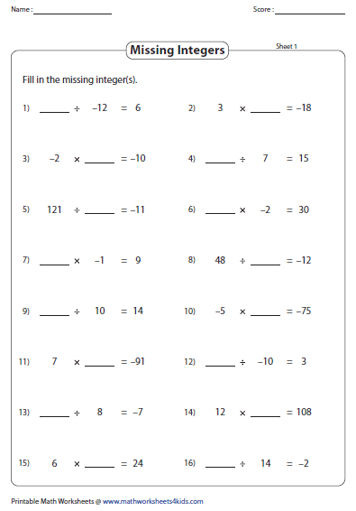 Adding Subtracting Multiplying And Dividing Integers Worksheet Pdf With 