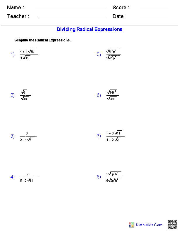 Algebra 1 Worksheets Radical Expressions Worksheets Simplifying 