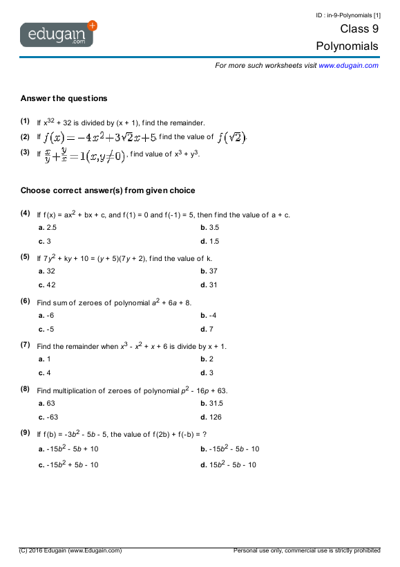 Class 9 Polynomials Math Practice Questions Tests Worksheets 