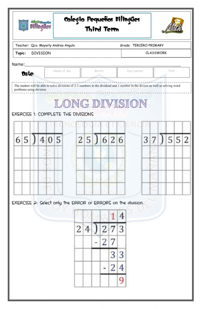 Classwork Long Division third Term math third Grade Worksheet