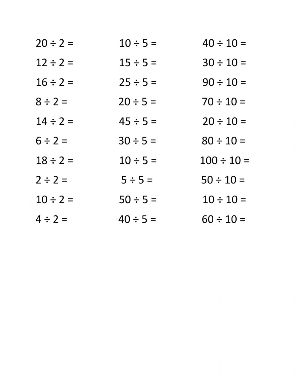 Divide By 2 5 10 Worksheet