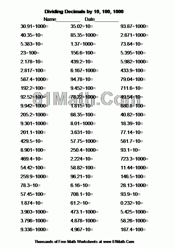 Dividing Decimals By 10 100 1000 Create Your Own Math Worksheets