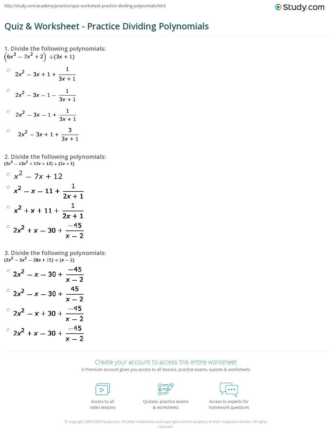 Dividing Polynomials Worksheet Answers Quiz Worksheet Practice