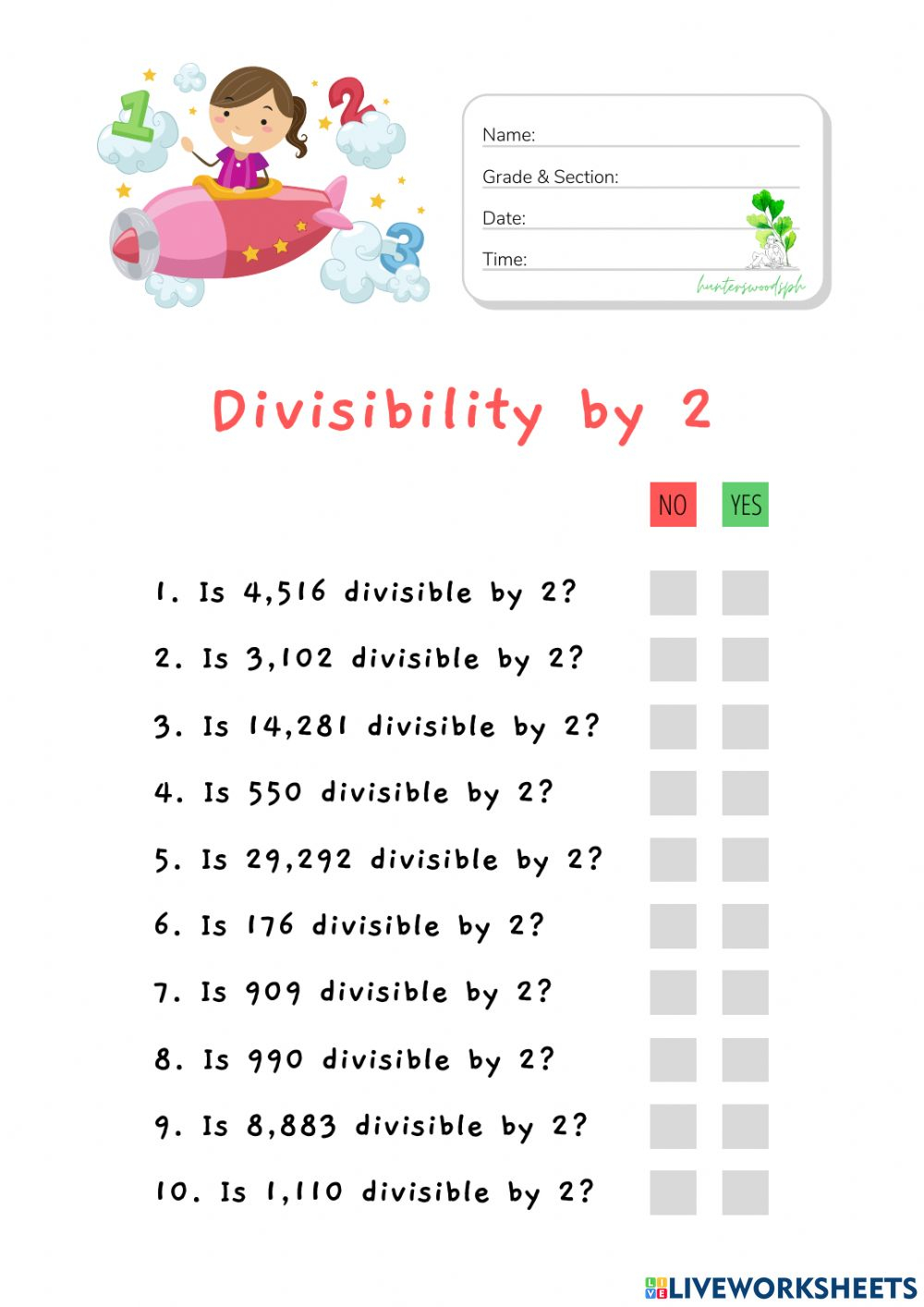 Divisibility By 2 HuntersWoodsPH Math Worksheet