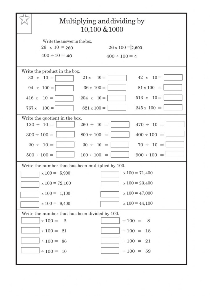 Division By 10 100 And 1000 Worksheet