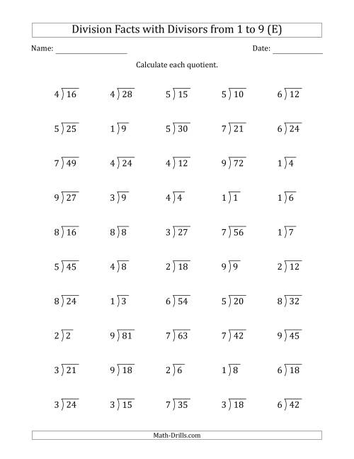 Division Facts With Divisors And Quotients From 1 To 9 With Long 