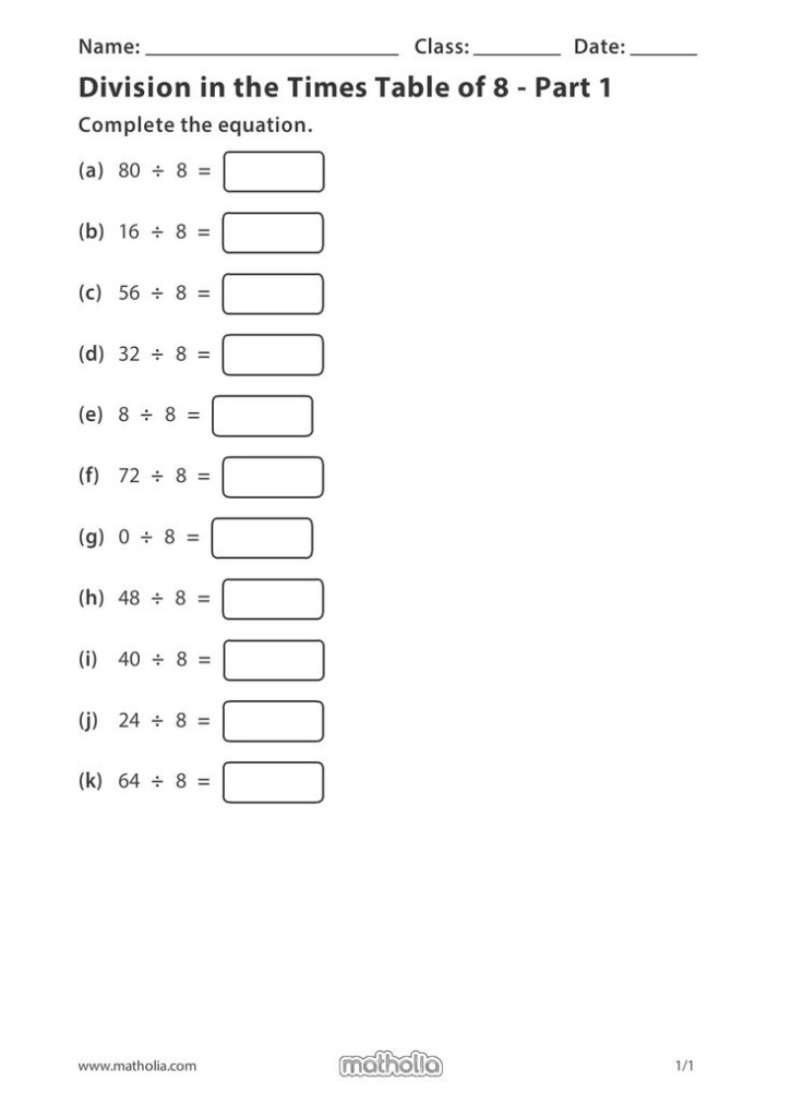 Division In The Times Table Of 8 Part 1 Worksheets For Grade 3 