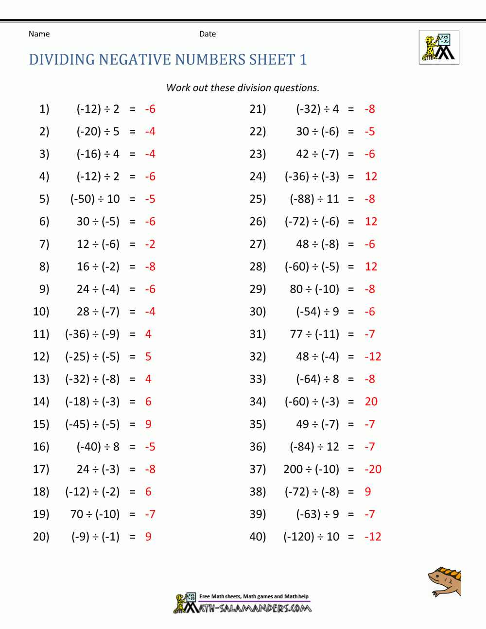 Division With Negative Numbers