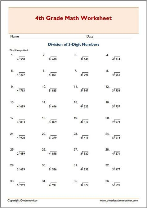 Division With Three Digit Numbers Printables