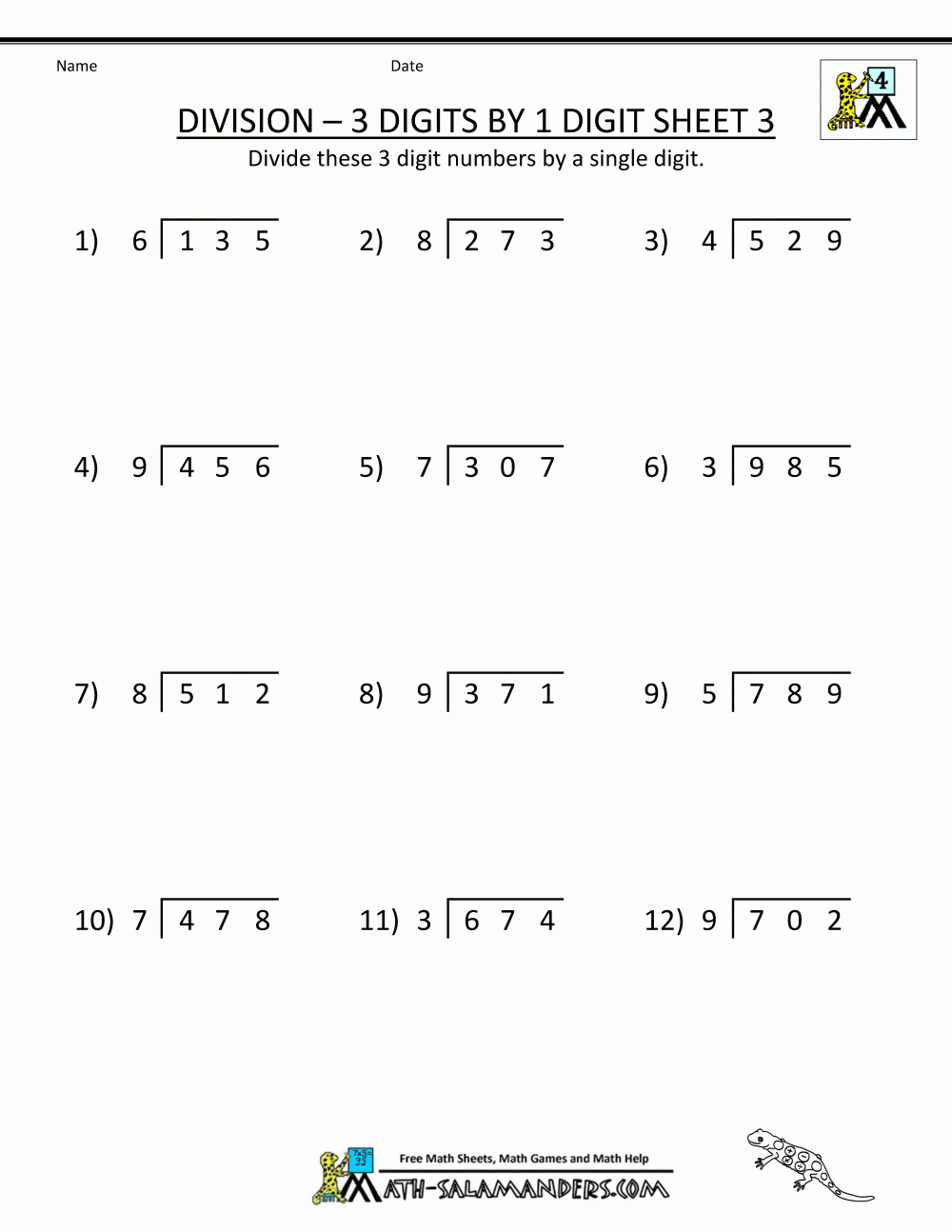 Free Division Worksheets 3 Digits By 1 Digit 3 4th Grade Math