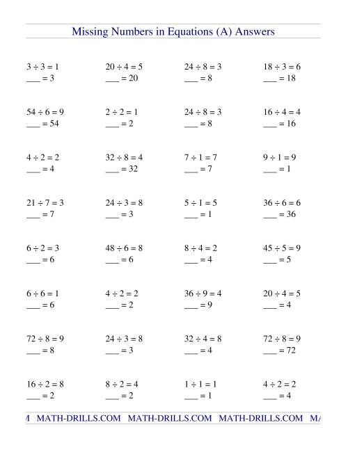 Grade 4 Mental Division Worksheet Division Facts Missing Numbers K5 