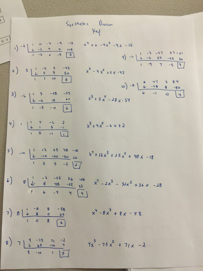 Honors Algebra II Synthetic Division Sudoku Answer Key